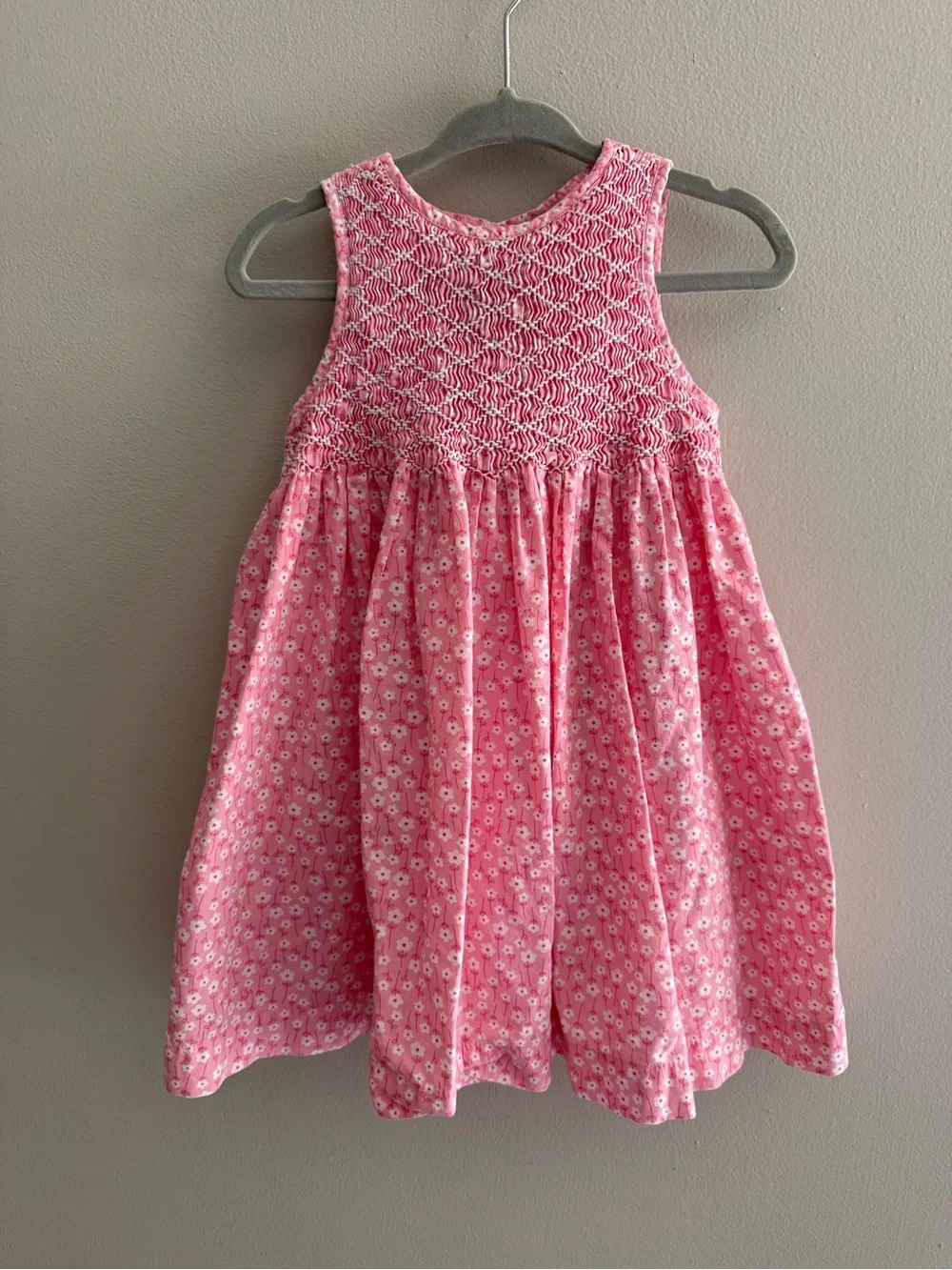 Smocked A-Line Dress Pink White Floral Smocked Bow Girls 18 Months Sleeveless